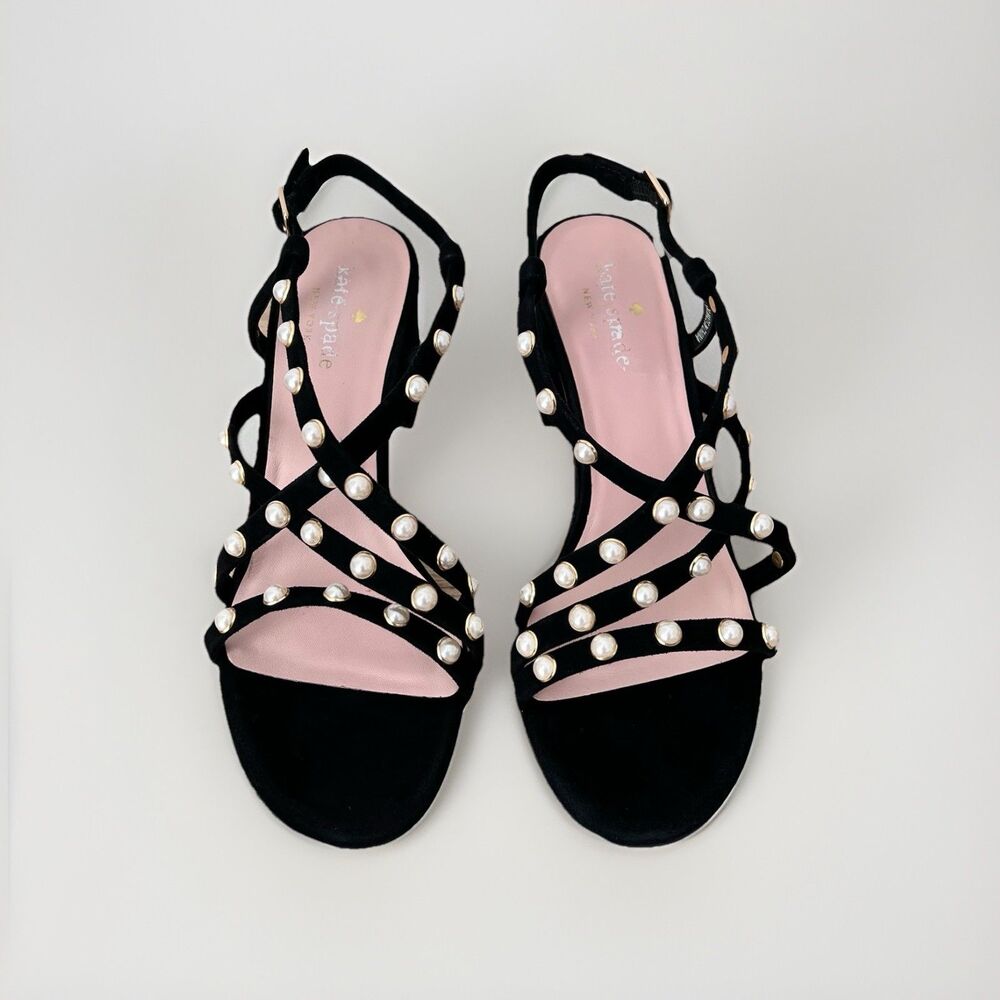 Kate Spade Wynne Black Suede Pearl Embellished Block Heel Sandals Women's Sz 7.5 - Picture 3 of 11